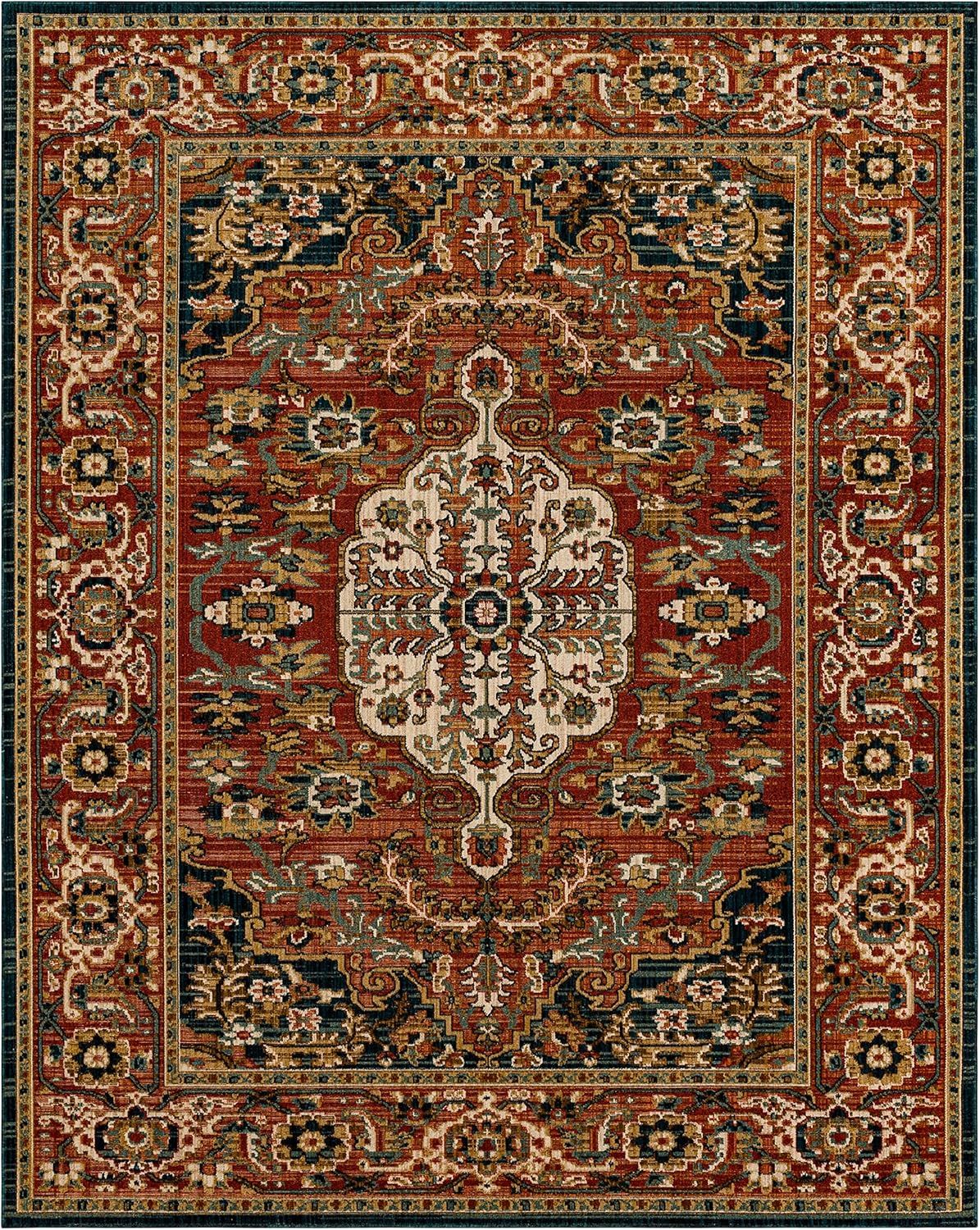 Bilpass Red and Beige Synthetic Medallion Area Rug, 5' x 8'