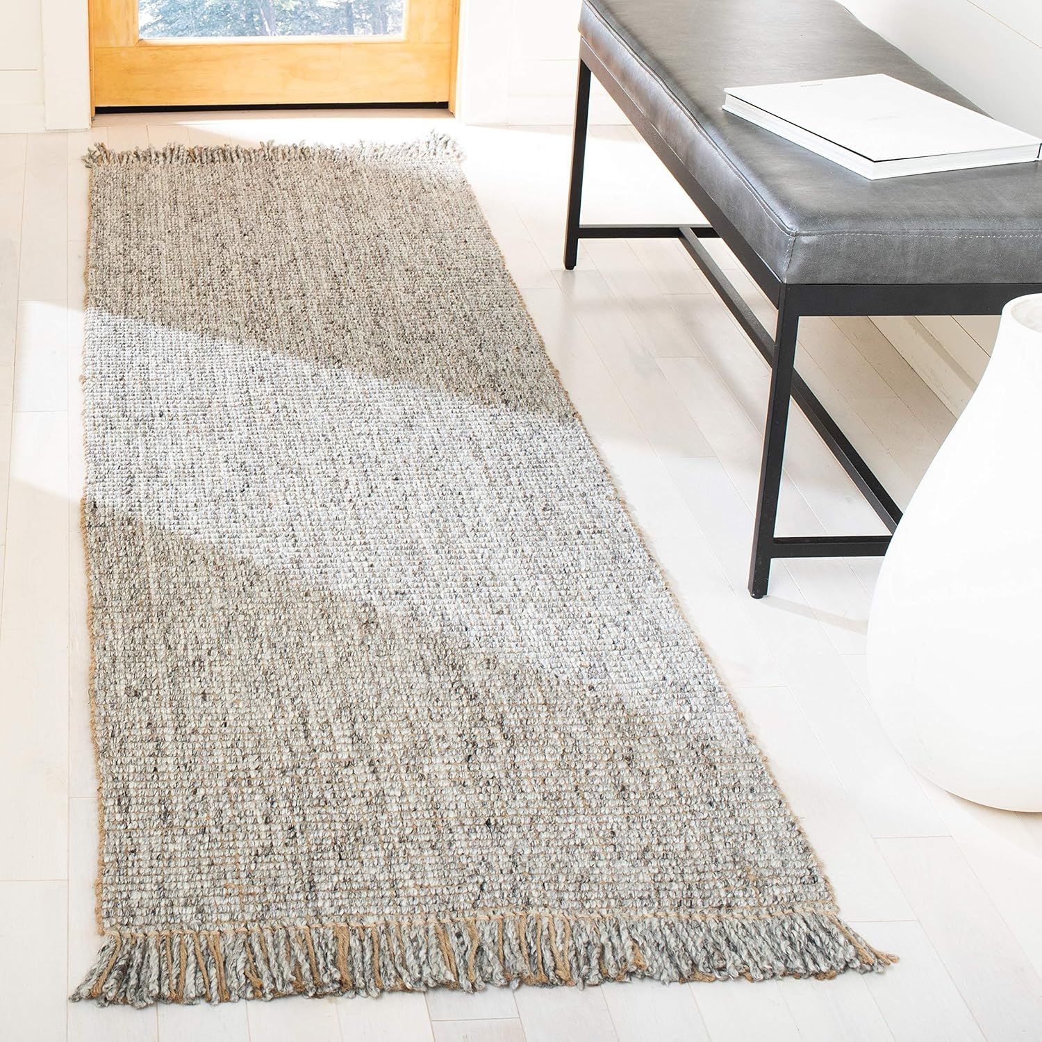 Handmade Charcoal and Natural Wool Runner Rug with Fringe