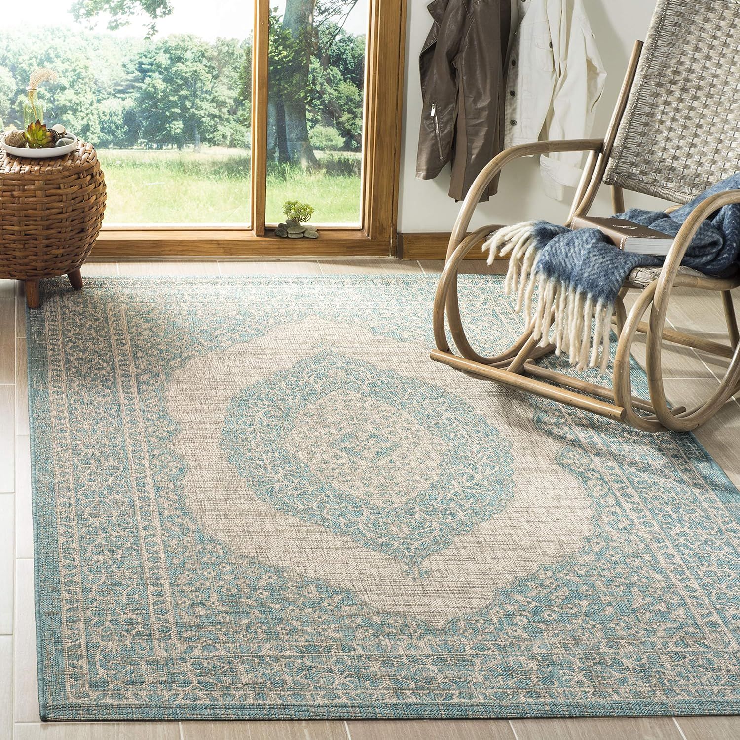 Elysian Light Grey/Aqua 9' x 12' Flat Woven Reversible Outdoor Rug