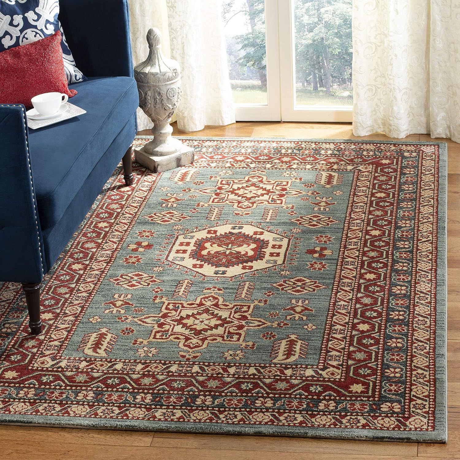 Turquoise and Cream Traditional Synthetic Area Rug