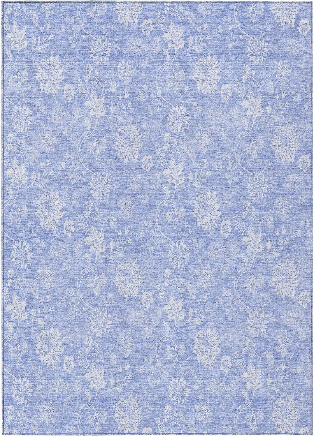 Sky Blue Floral Synthetic Indoor Outdoor Area Rug