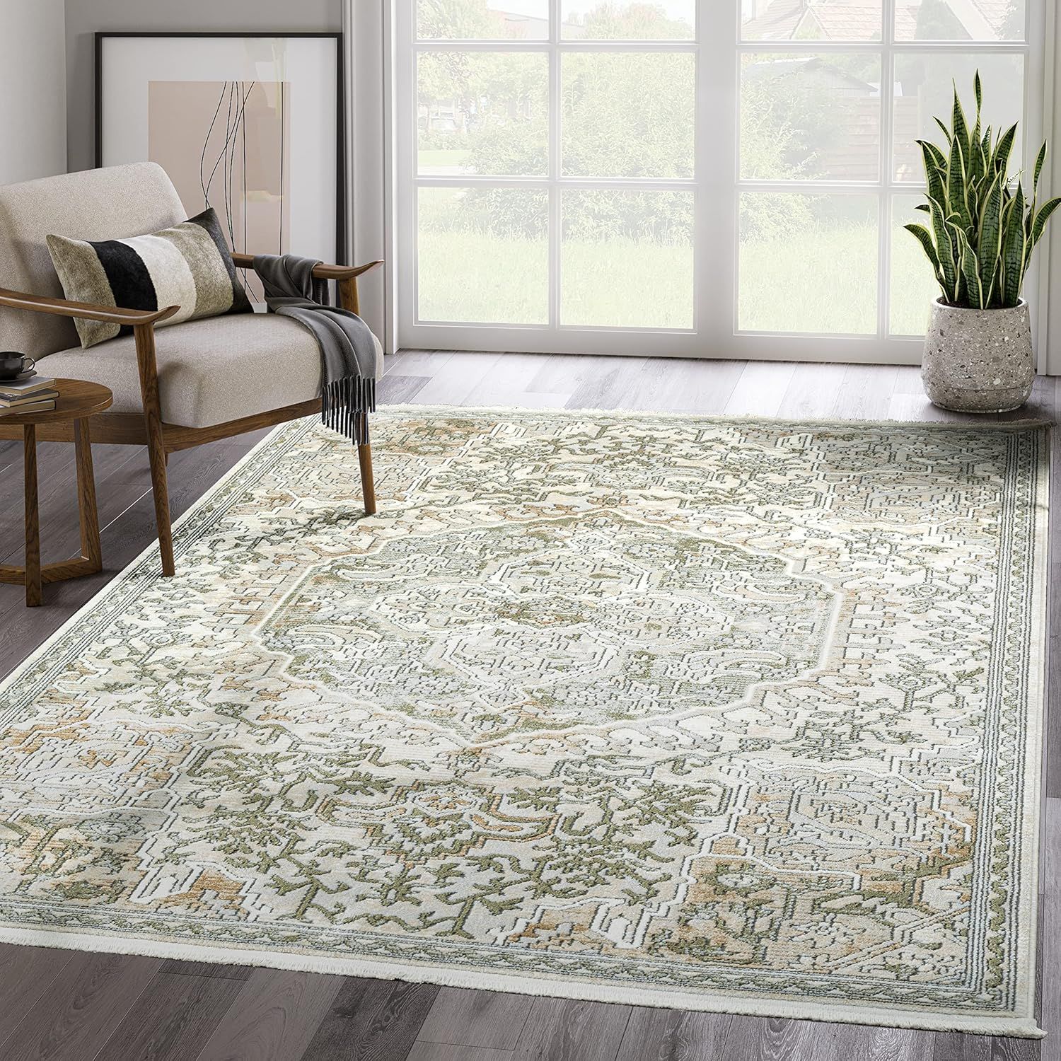 Green and Beige Medallion Synthetic Area Rug for Kids