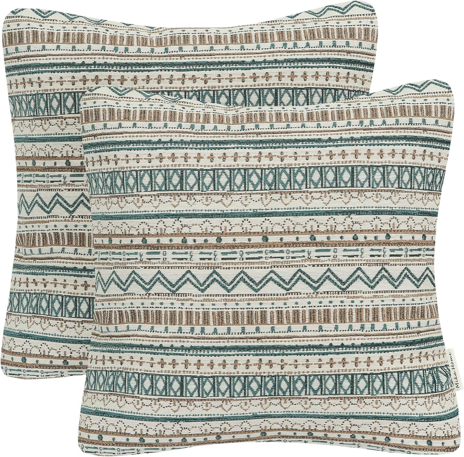 Bohemian Striped Geometric Pattern Throw Pillow Covers, 22x22 Inches, Green Taupe Cream