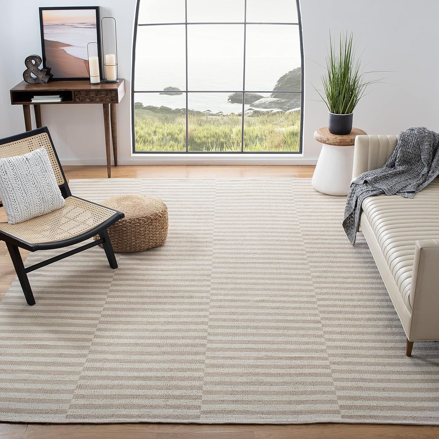 Ivory and Grey 9' x 12' Handwoven Wool and Cotton Striped Area Rug