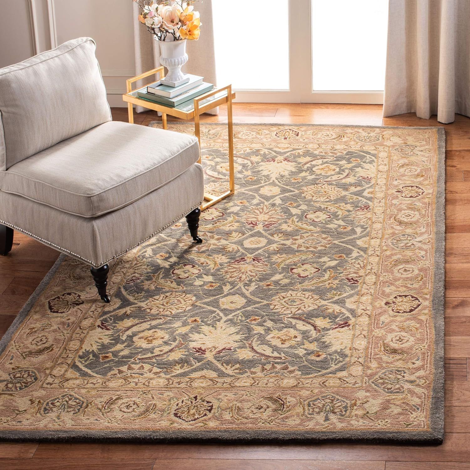 Handmade Teal Blue/Taupe Wool Tufted Rectangular Area Rug, 12' x 18'