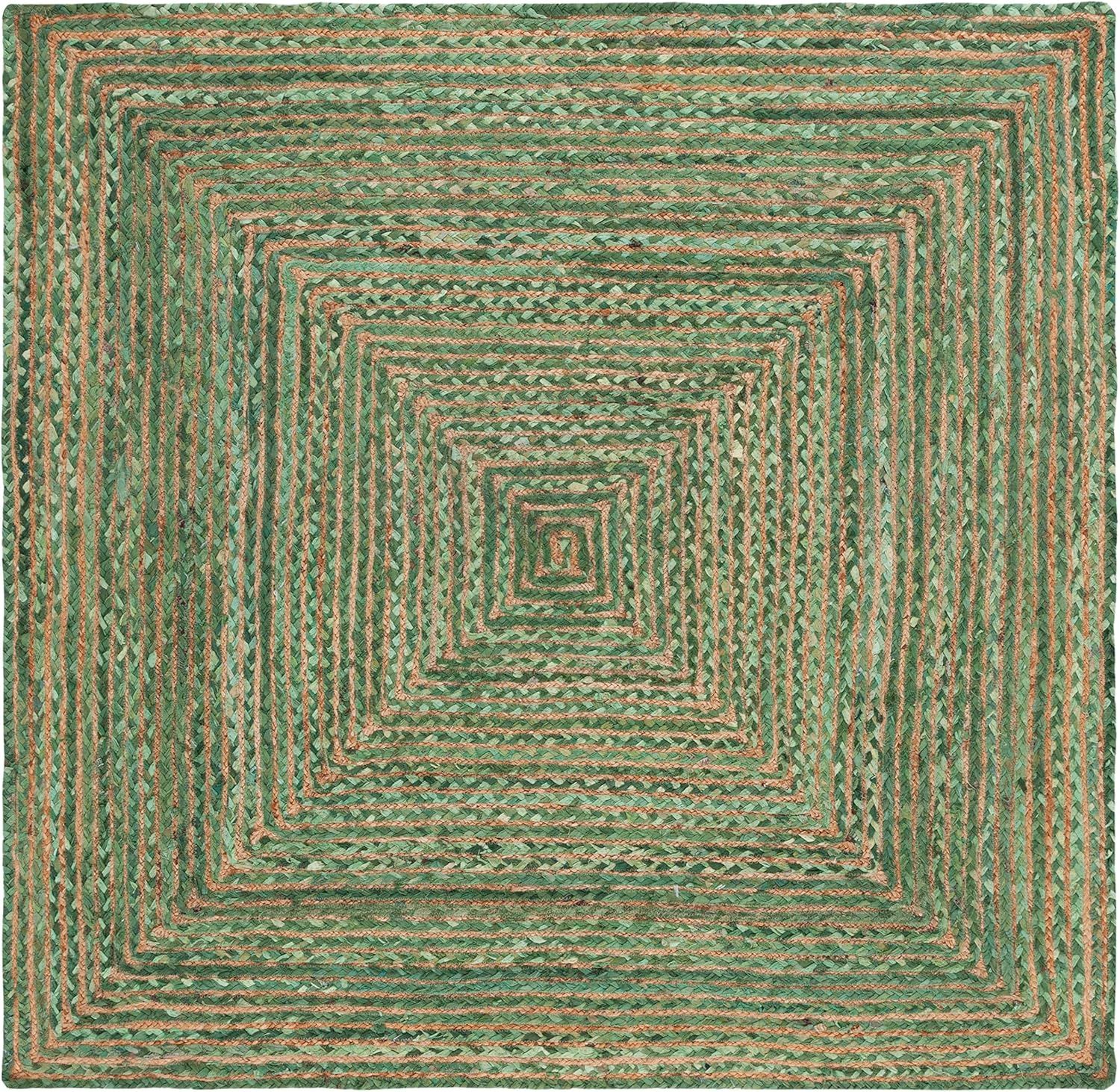 Handmade Green and Natural Braided Jute Cotton Square Rug