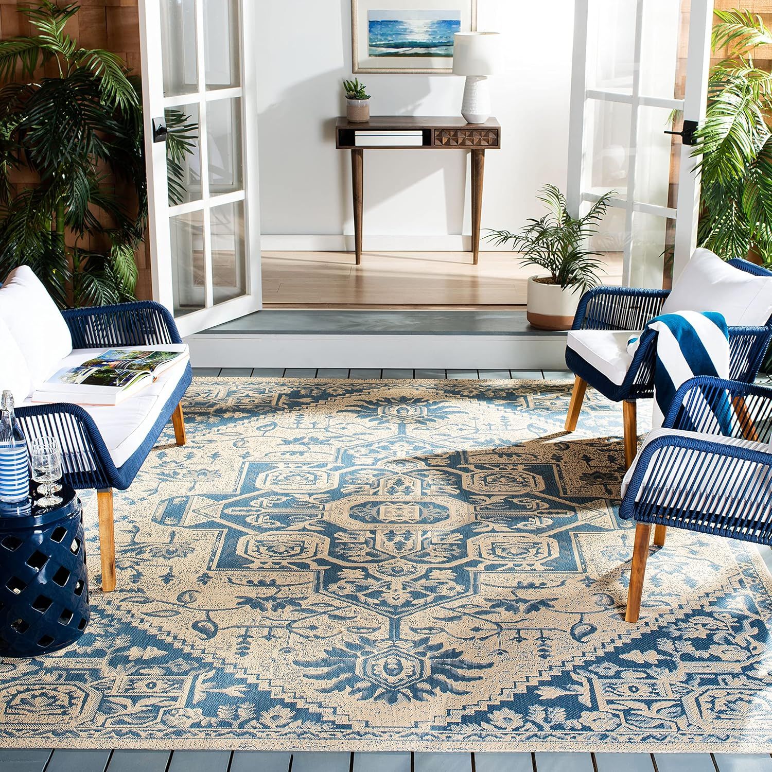 Blue/Cream Geometric Synthetic Easy Care Area Rug