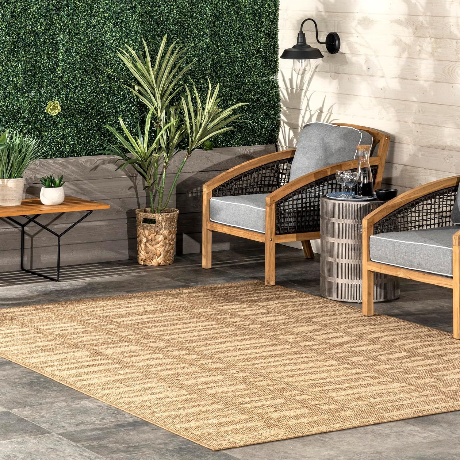 Beige Synthetic 4' x 6' Reversible Outdoor Area Rug