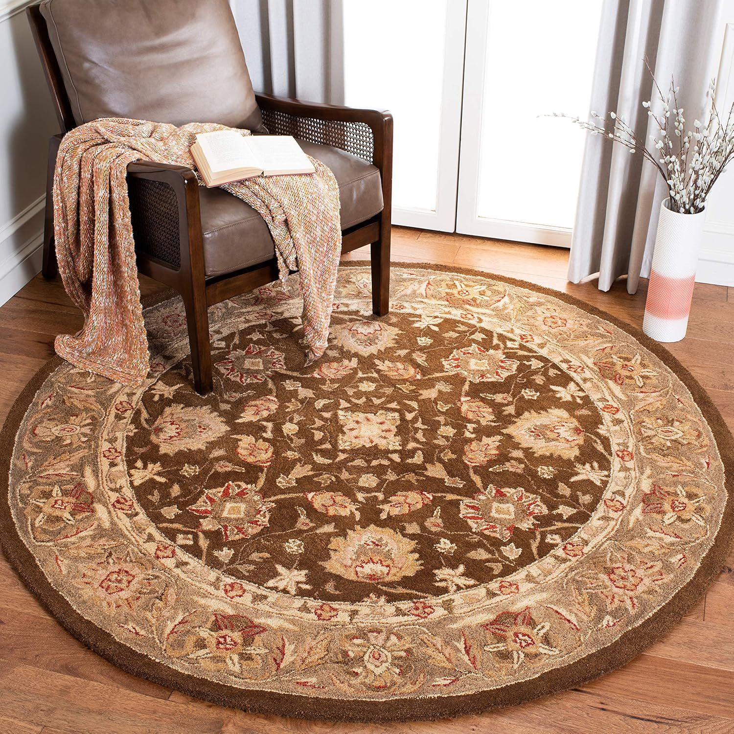 Handmade Anatolia Inspired 8' Round Wool Area Rug in Brown/Green