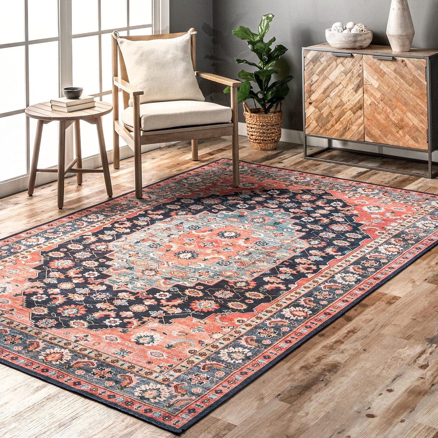 Blue Persian Medallion 6' x 9' Washable Synthetic Area Rug