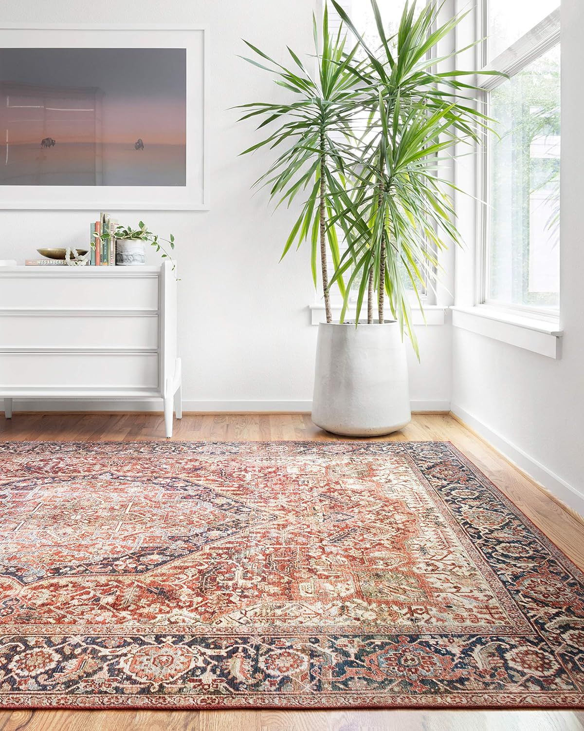 Layla Red and Navy Synthetic 5' x 7' Rectangular Area Rug