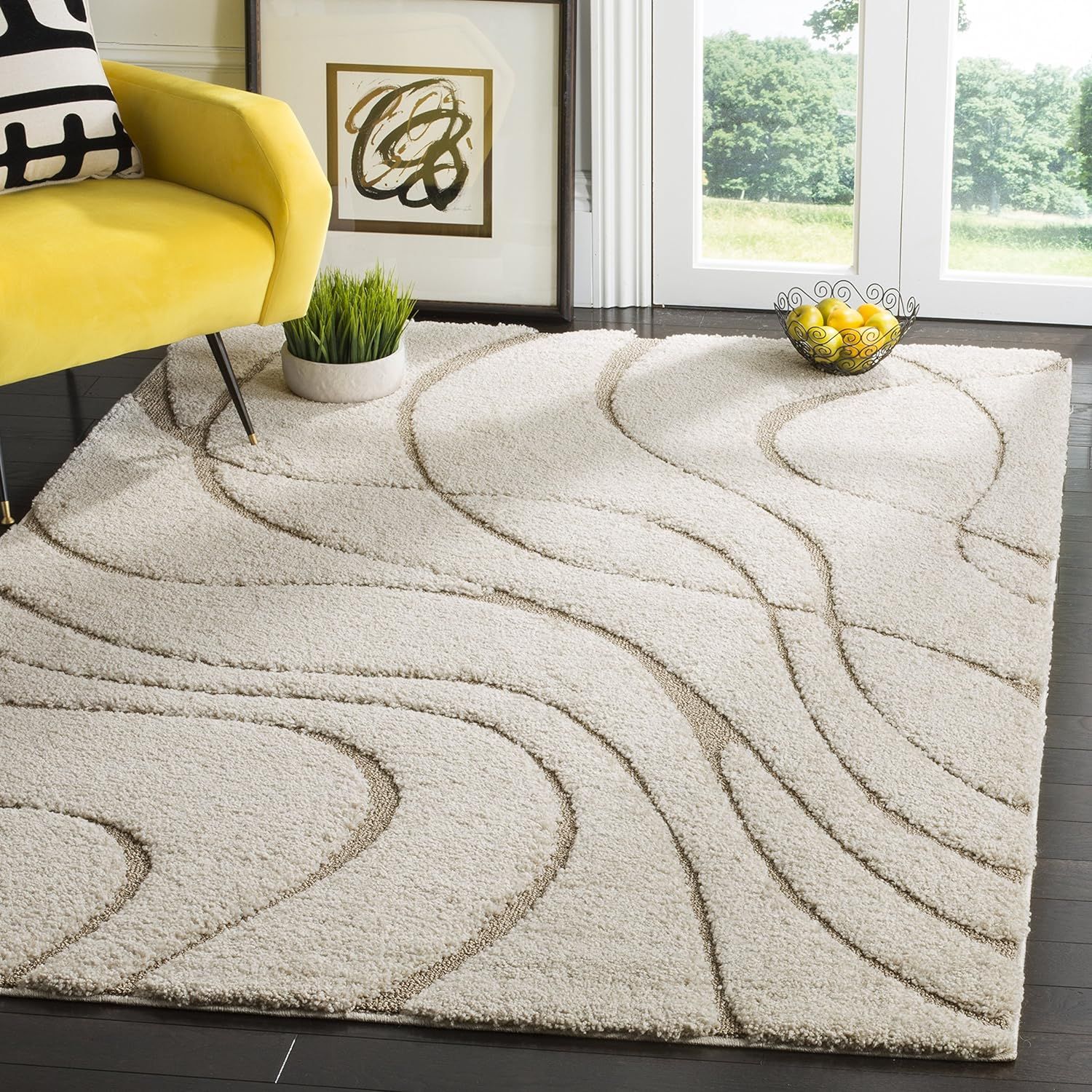 Chic Cream & Beige Shag 5' Square Area Rug - Synthetic, Easy Care