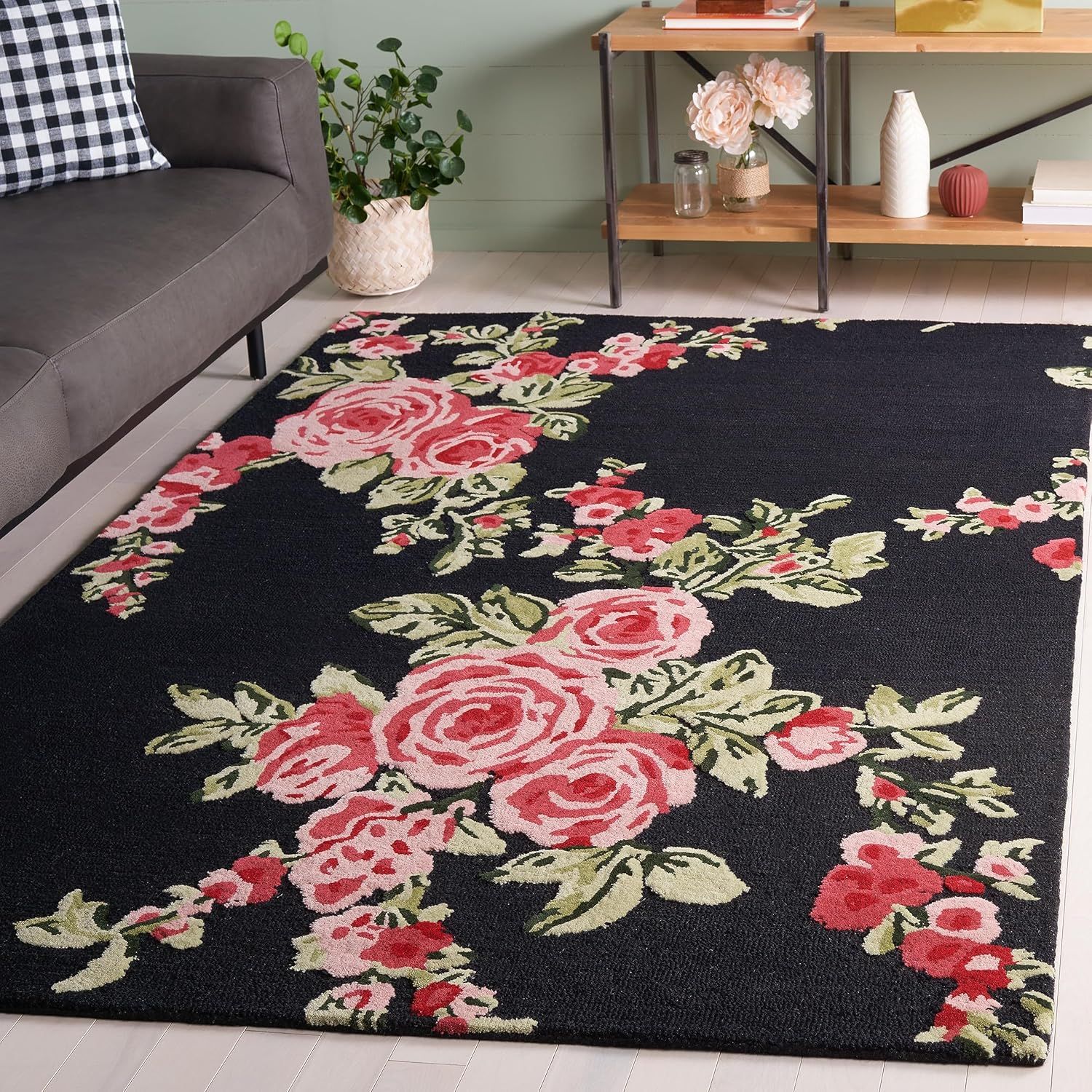 Handmade Black and Pink Floral Wool Area Rug, 3' x 5'