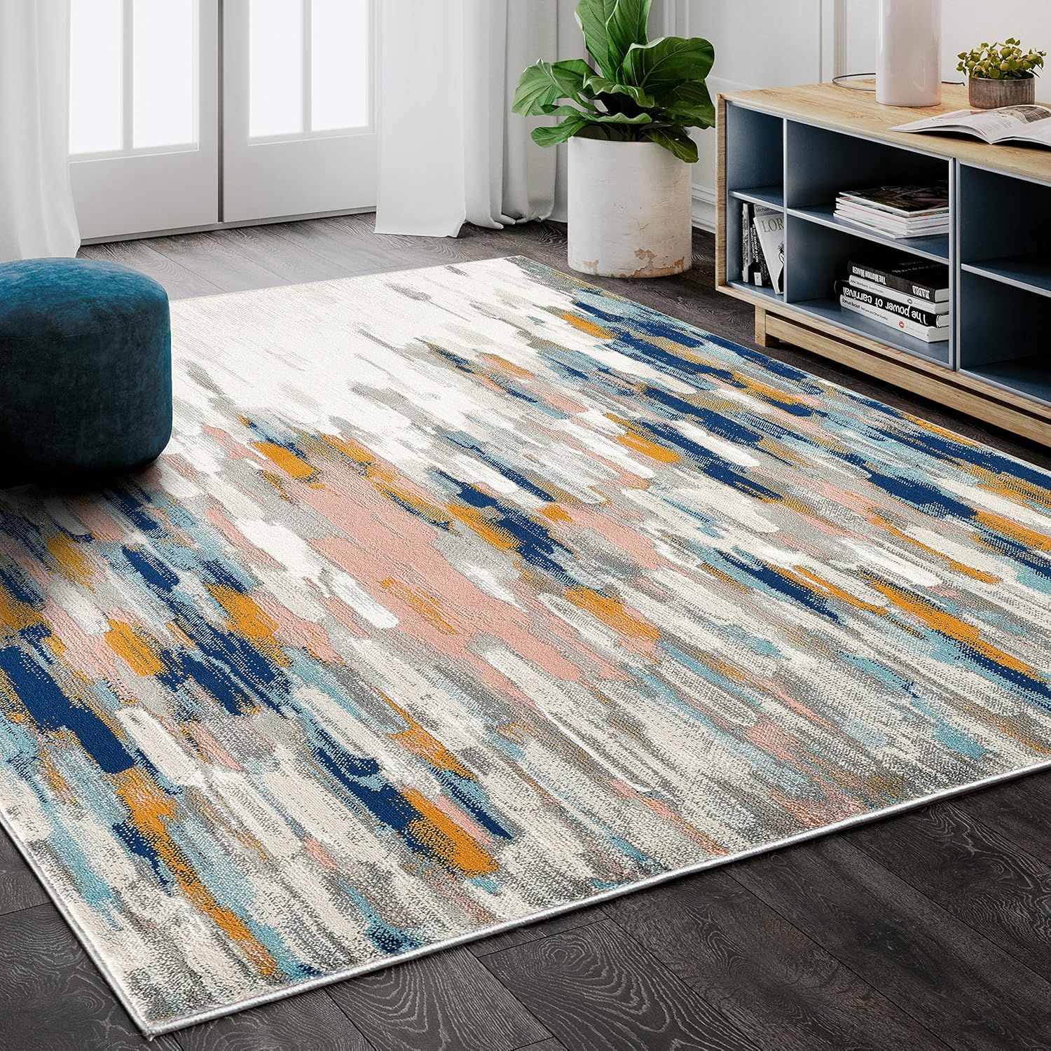 Blue and Orange Abstract 8' x 10' Synthetic Area Rug