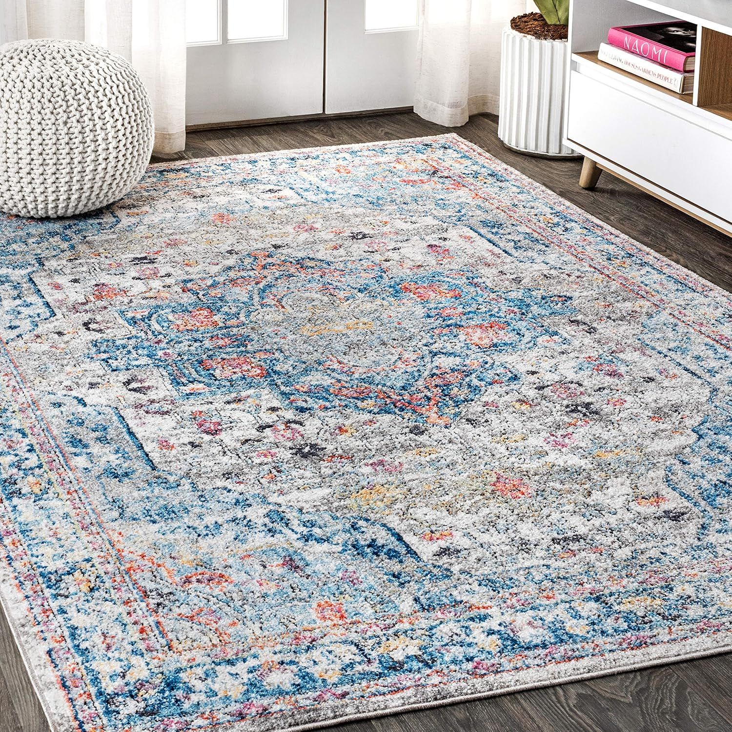 Ivory and Blue Rectangular Medallion Synthetic Area Rug