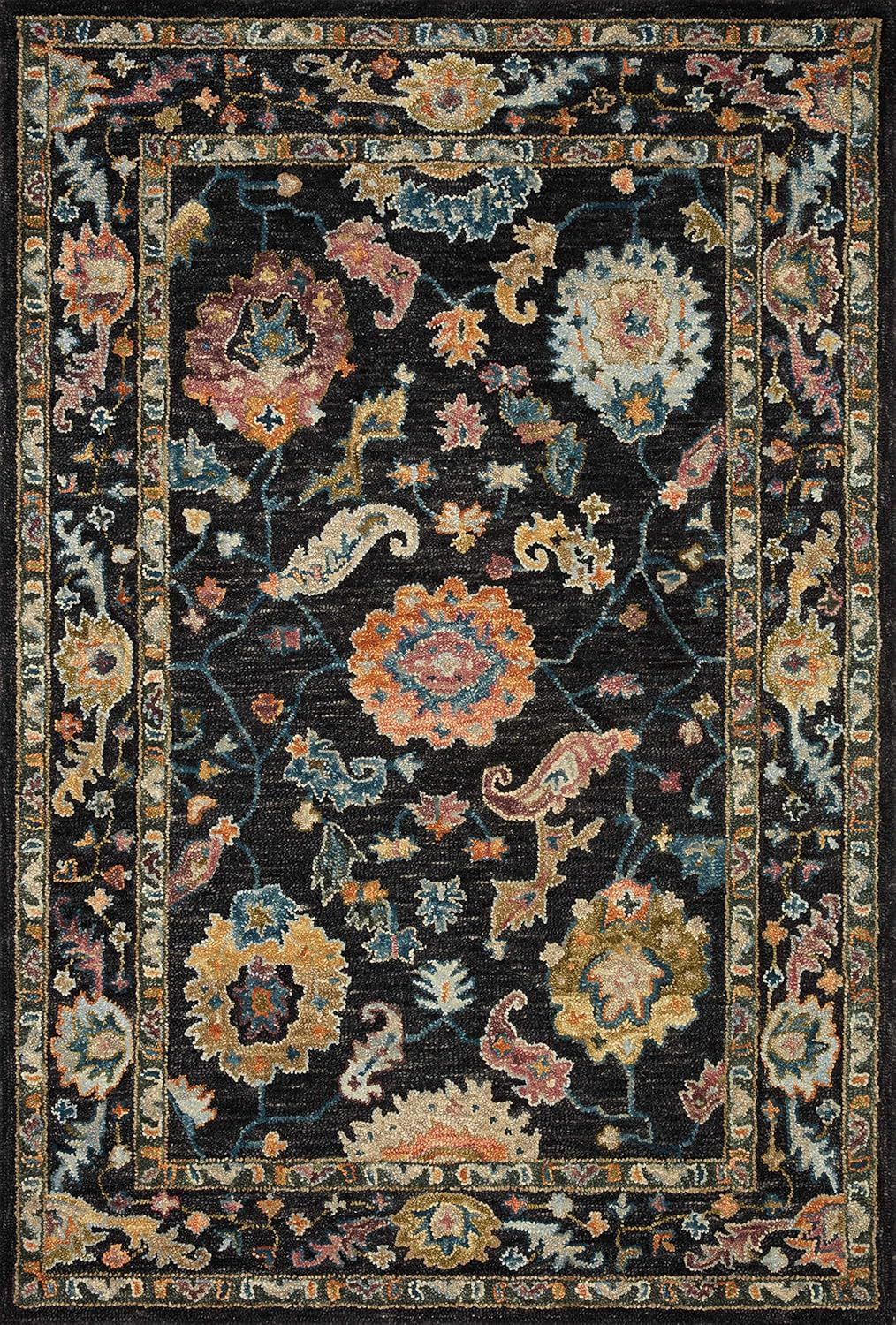 Black and Multicolor Floral Wool Area Rug, 7'-9" x 9'-9"