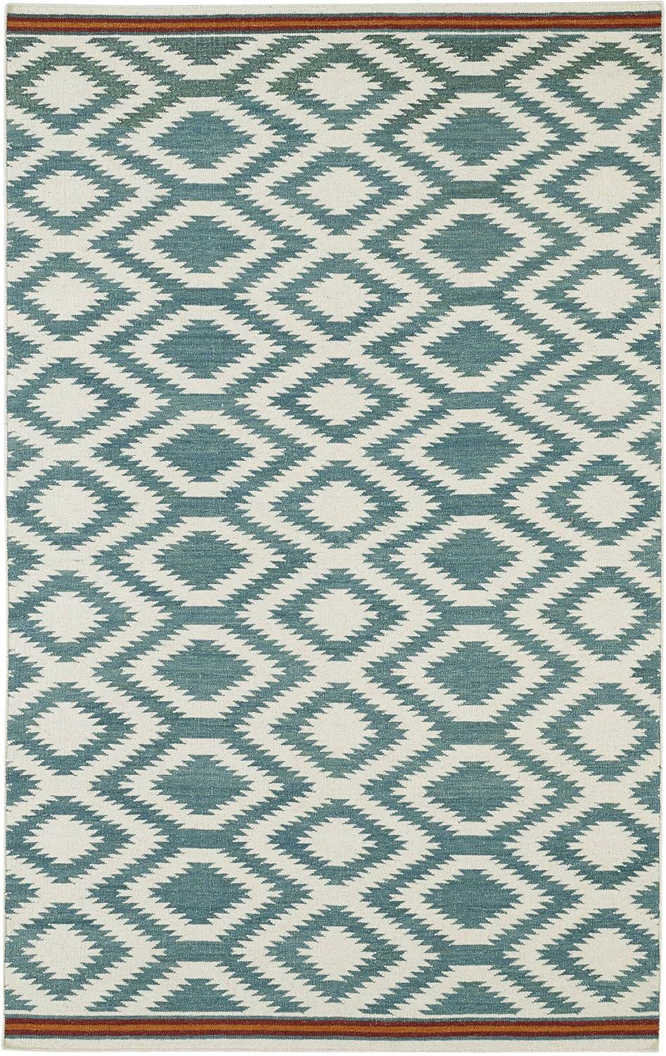 Turquoise Geometric Wool Flat Woven Handmade Rug 2' x 3'