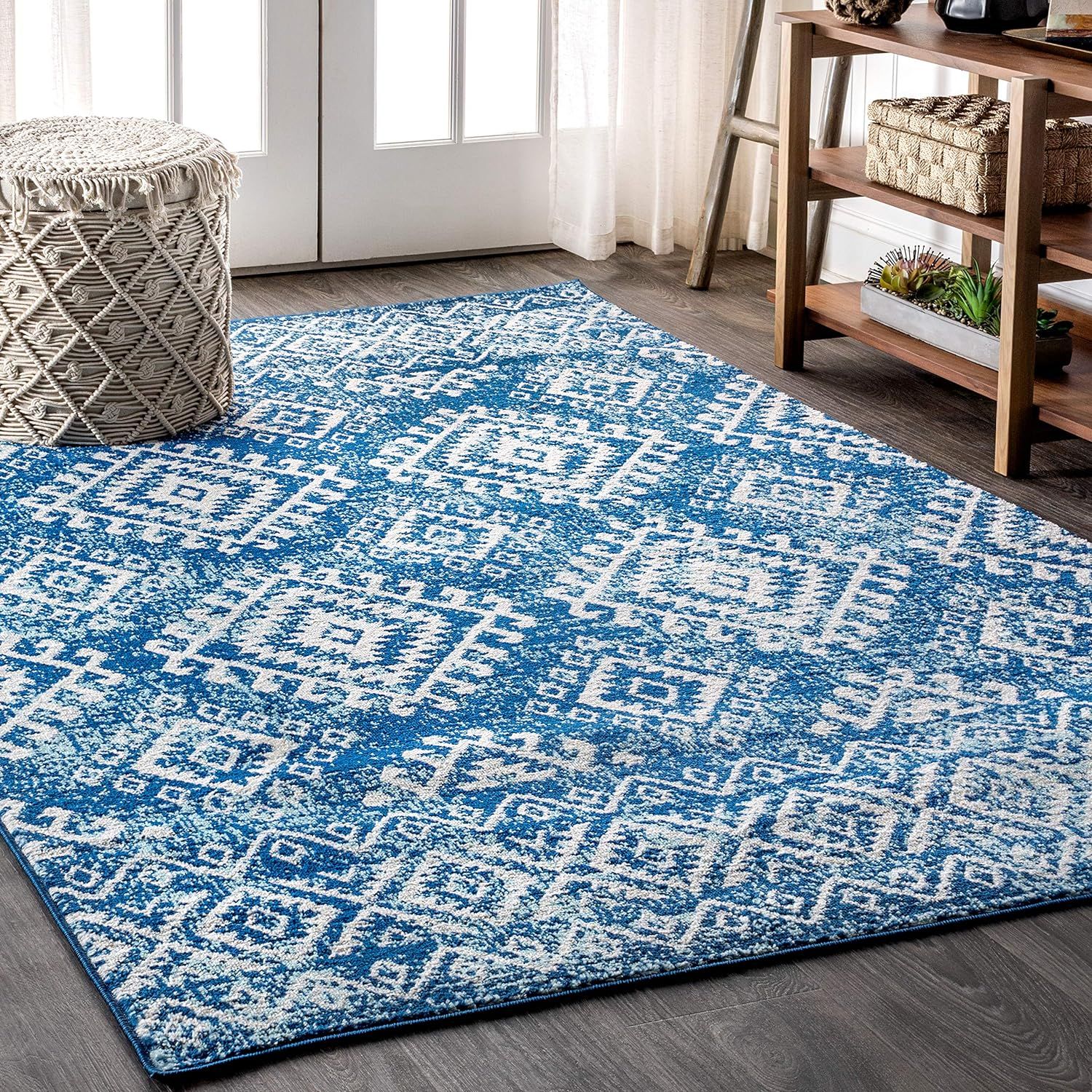 Blue and White 4' x 6' Synthetic Moroccan Area Rug