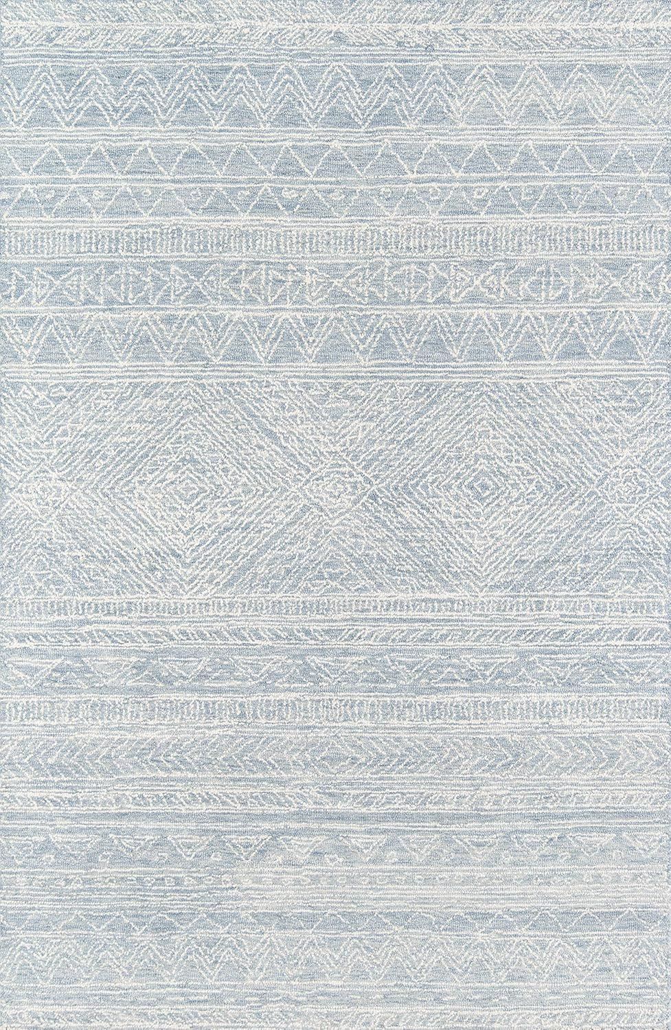 Handmade Light Blue Geometric Wool Rectangular Rug 5' x 8'