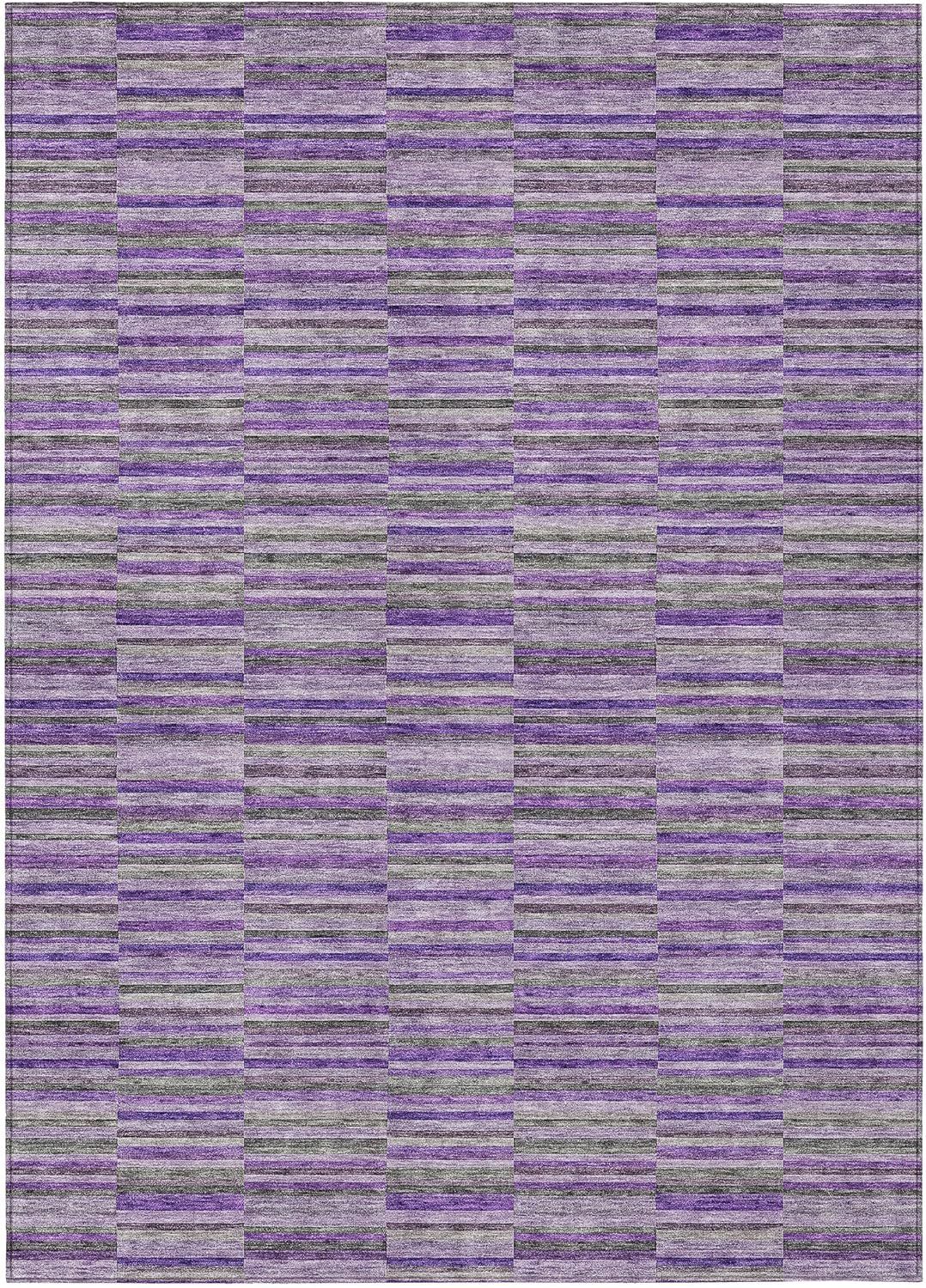 Purple and Gray Striped Synthetic Washable Indoor/Outdoor Rug