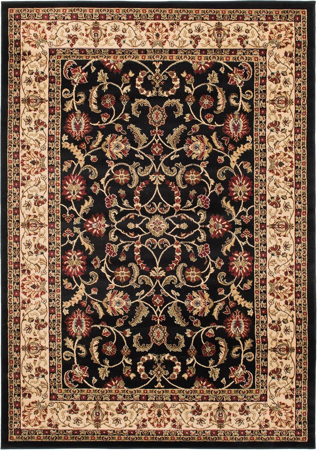 Keshan Black and Beige Synthetic Rectangular Area Rug