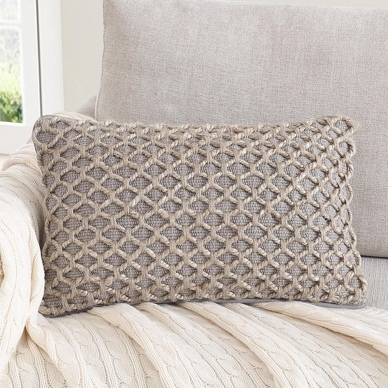 Coastal Brown and Gray Jute Accent Pillow with Rope Trim