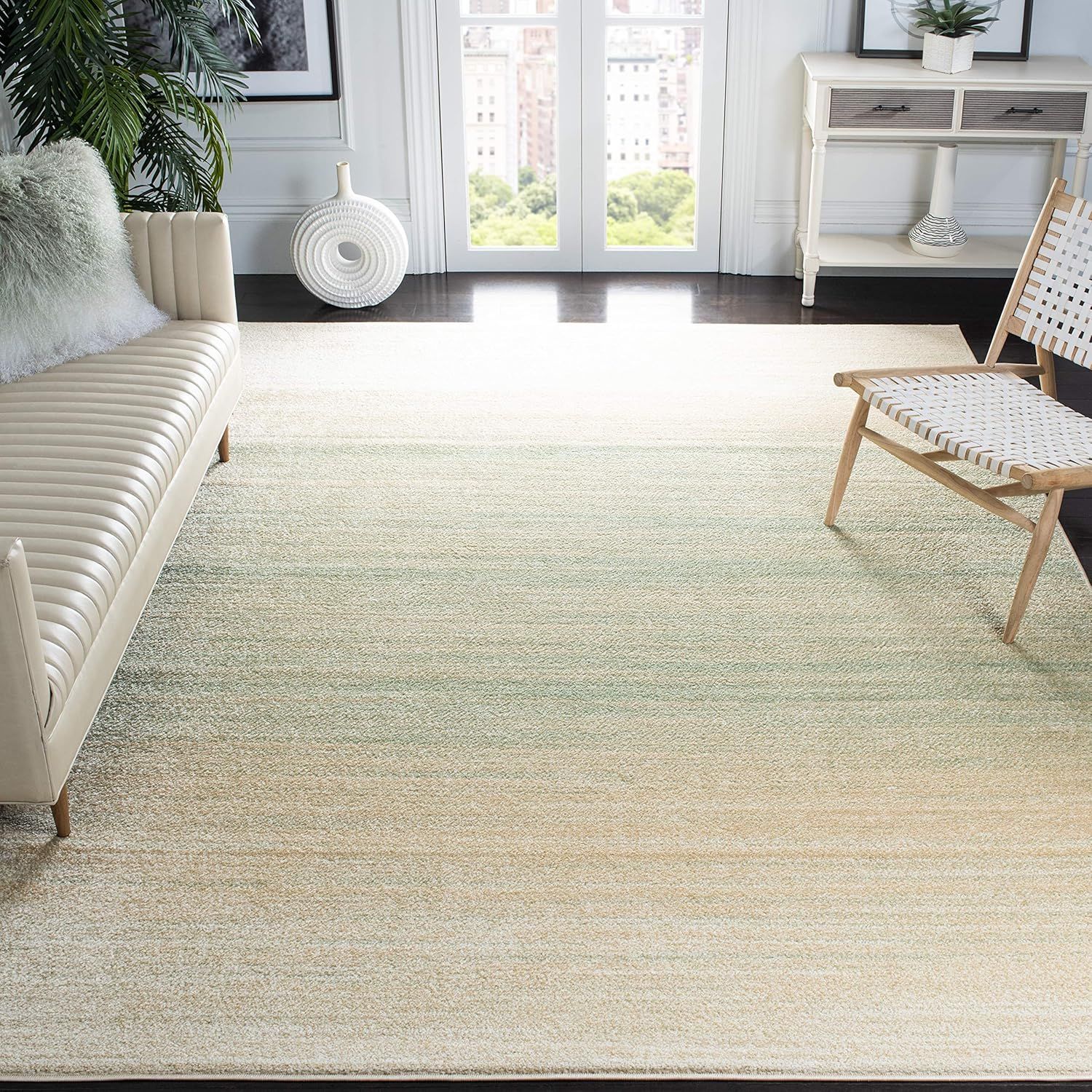 Green and Ivory Rectangular 9' x 12' Stain-Resistant Synthetic Rug