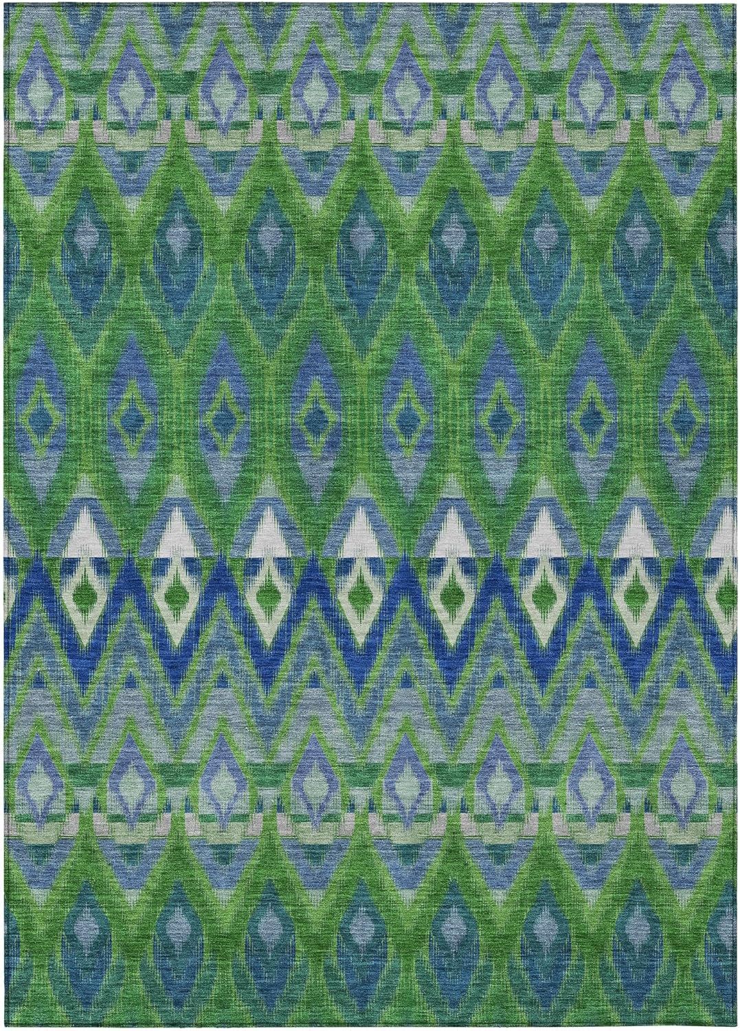 Green and Blue Synthetic Washable Rectangular Area Rug