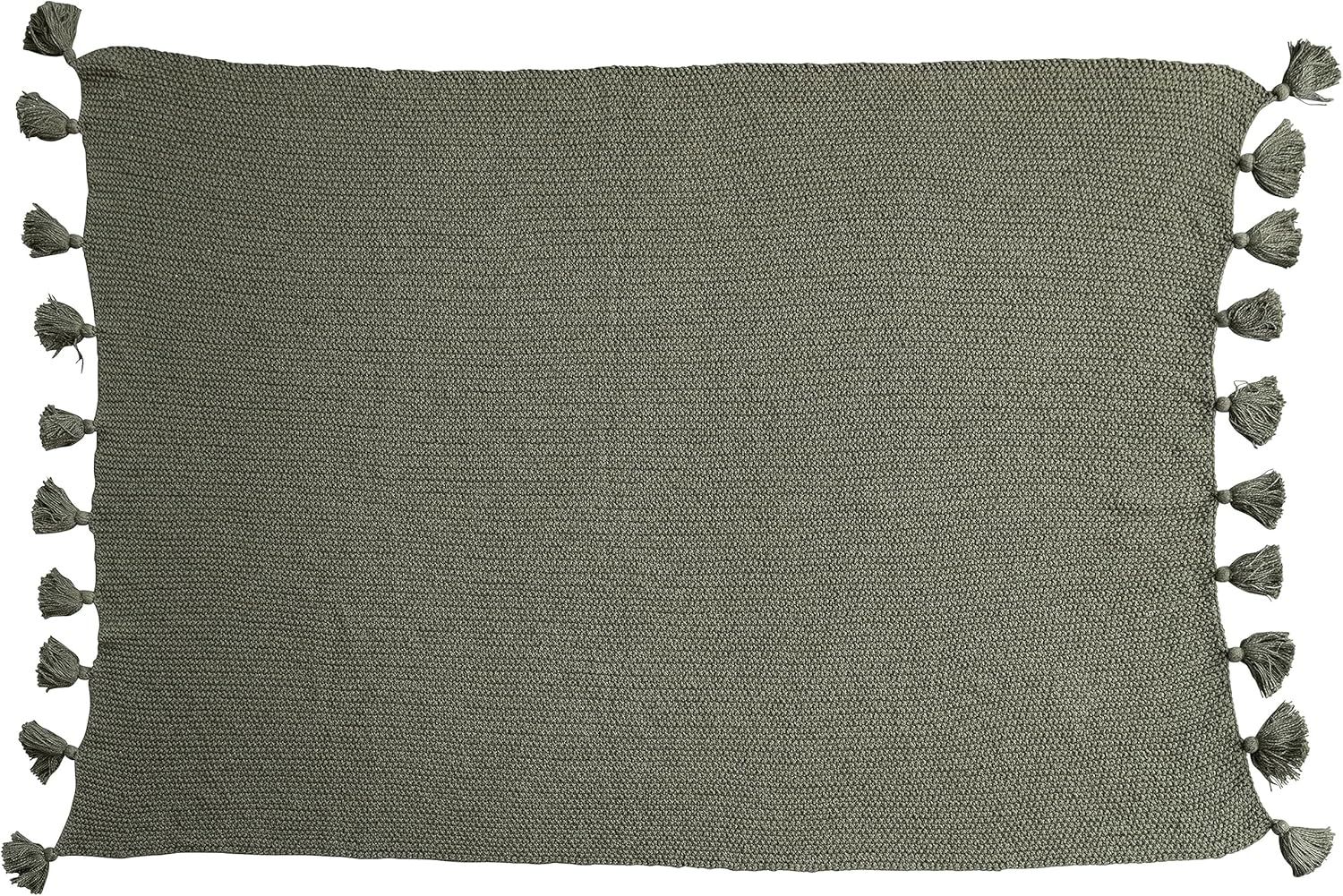 Olive Green Cotton Knit Throw Blanket with Tassels