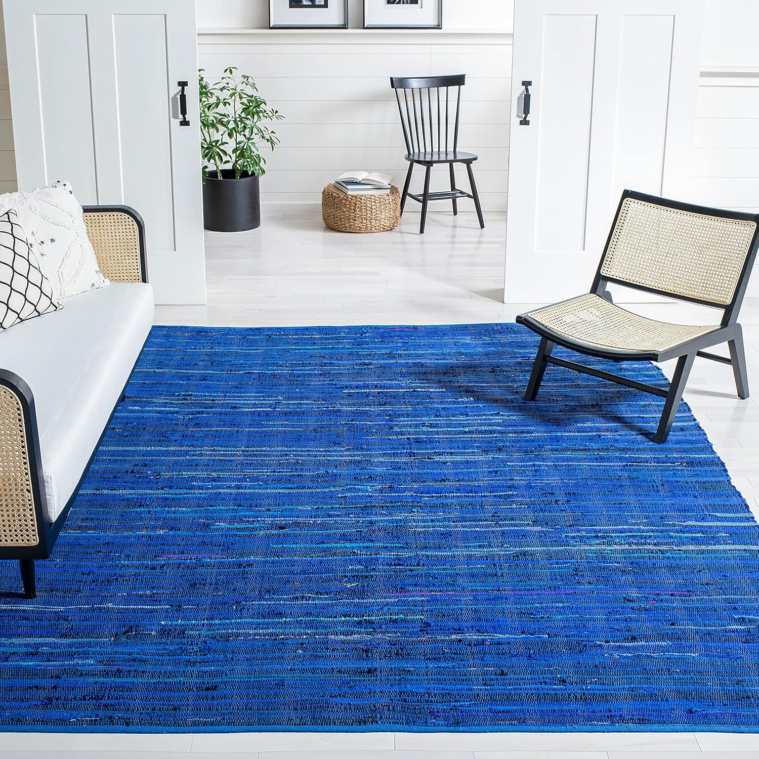 Handmade Striped Blue Cotton Flat Woven Area Rug 10'x14'