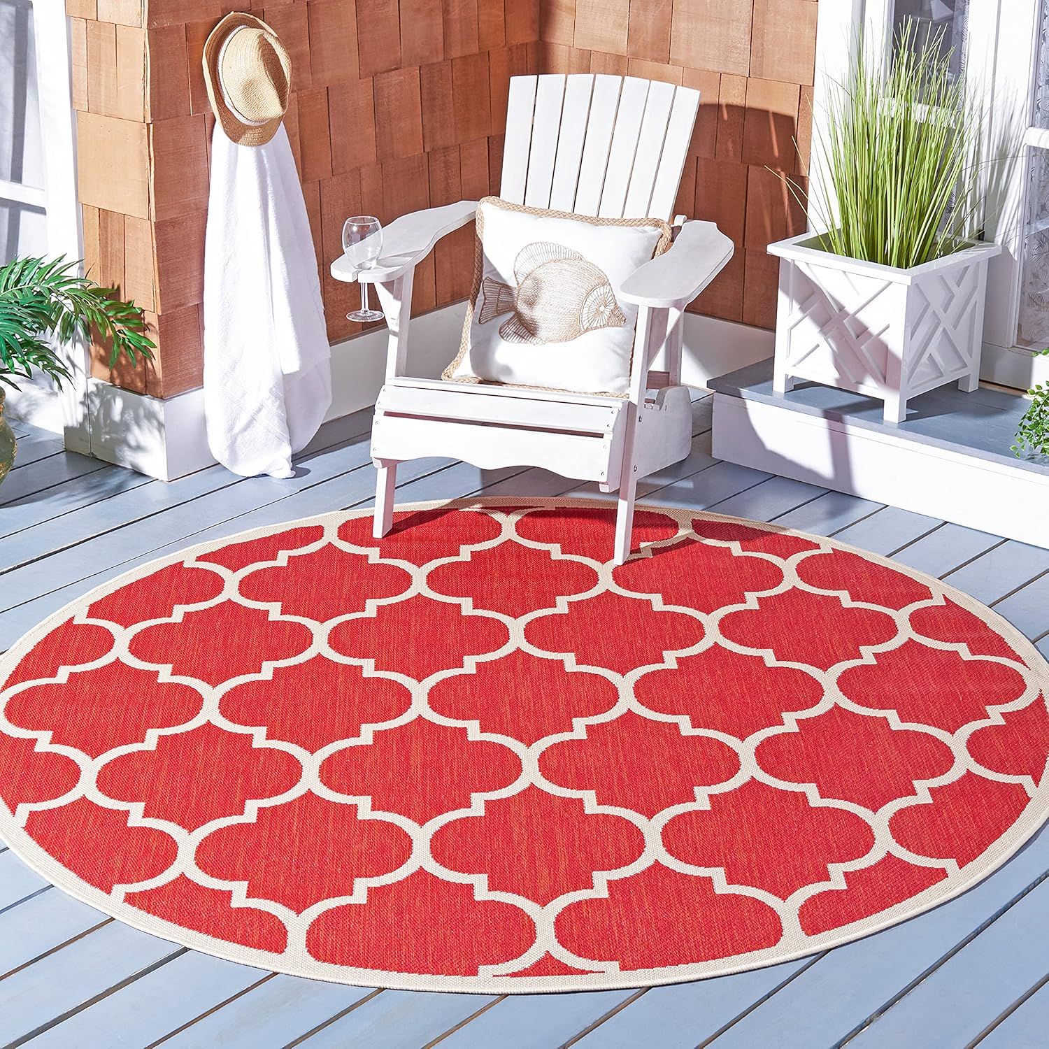 47" Round Red Synthetic Non-slip Area Rug