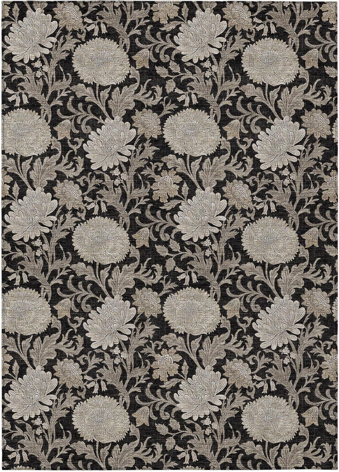 Black Floral Synthetic 5' x 7' Washable Area Rug