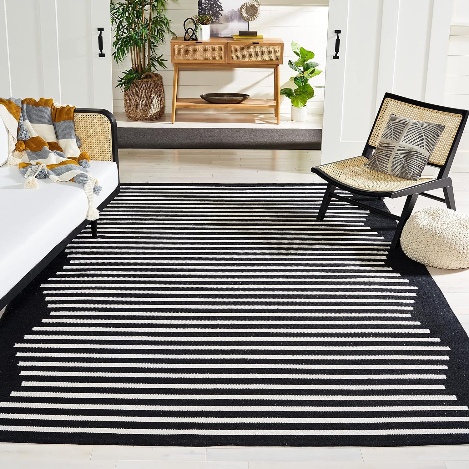 Handmade Black and Ivory Cotton Stripe 9' x 12' Rug