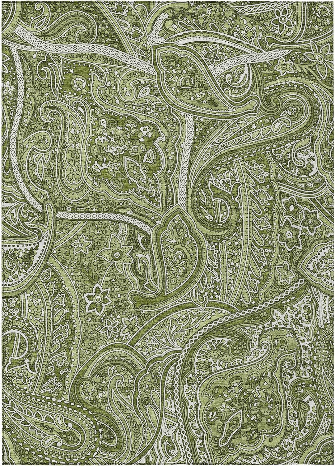 Green Paisley Machine-Washable Indoor Outdoor Rug 3' x 5'