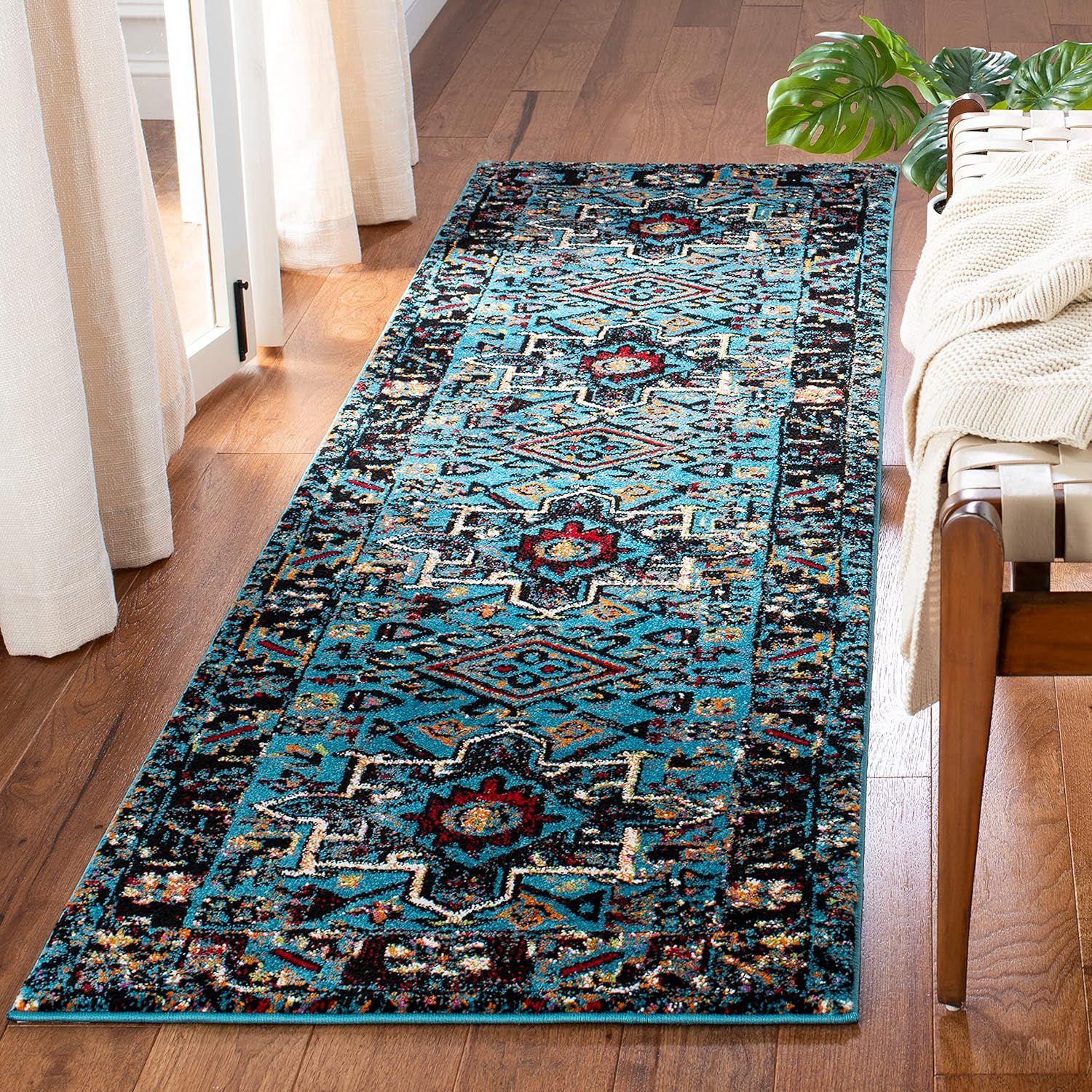 Vintage Light Blue and Black Synthetic Runner Rug, 26" x 12"