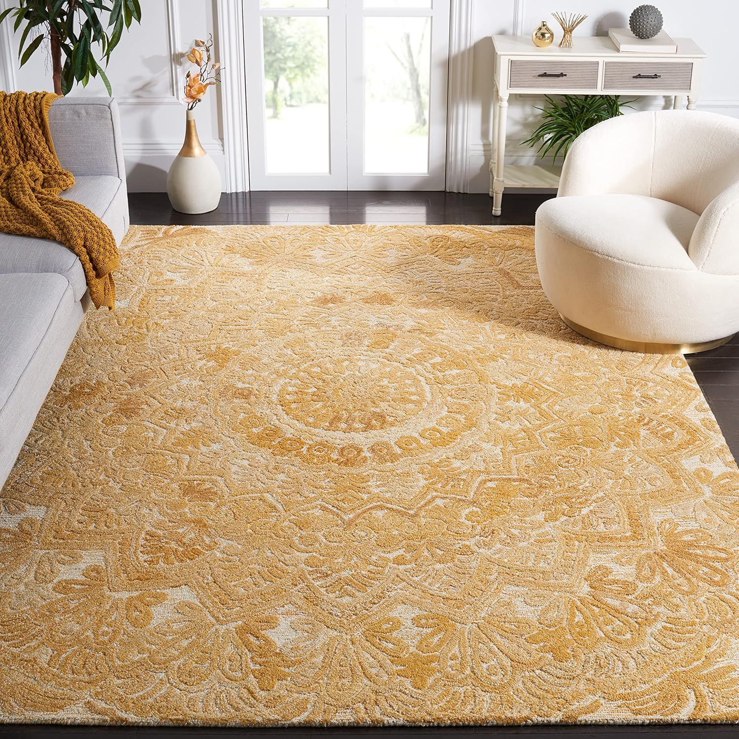 Ivory and Yellow Hand-Tufted Wool 8' x 10' Rug