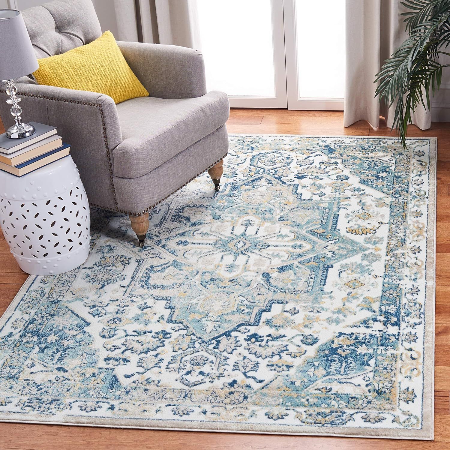 Ivory and Navy Square Medallion Stain-Resistant Synthetic Rug