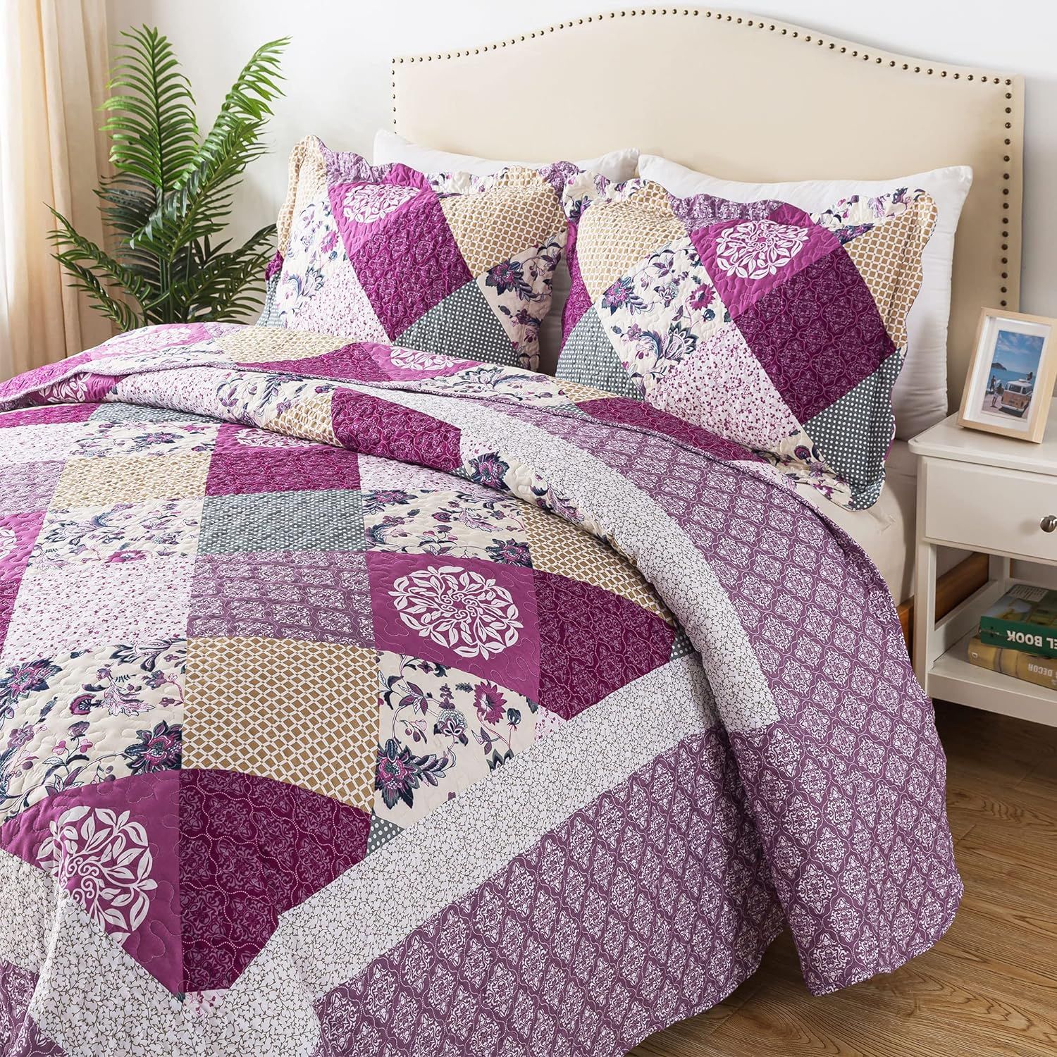 King Size Purple and Beige Microfiber Reversible Quilt Set