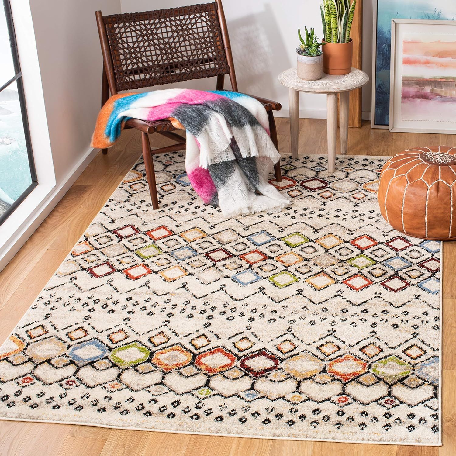 Ivory & Multicolor Square Synthetic Geometric Easy-Care Rug