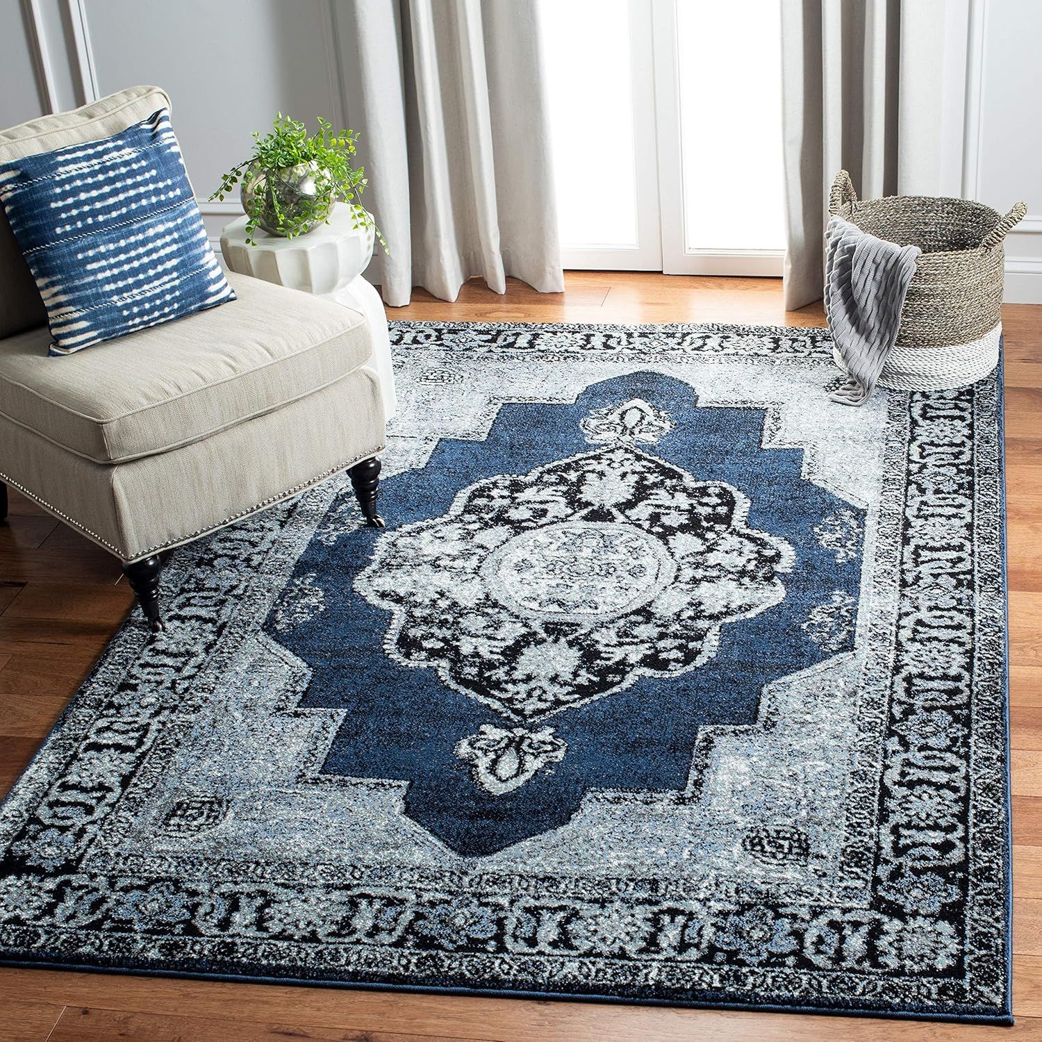 Blue and Grey Rectangular Synthetic Non-slip Area Rug