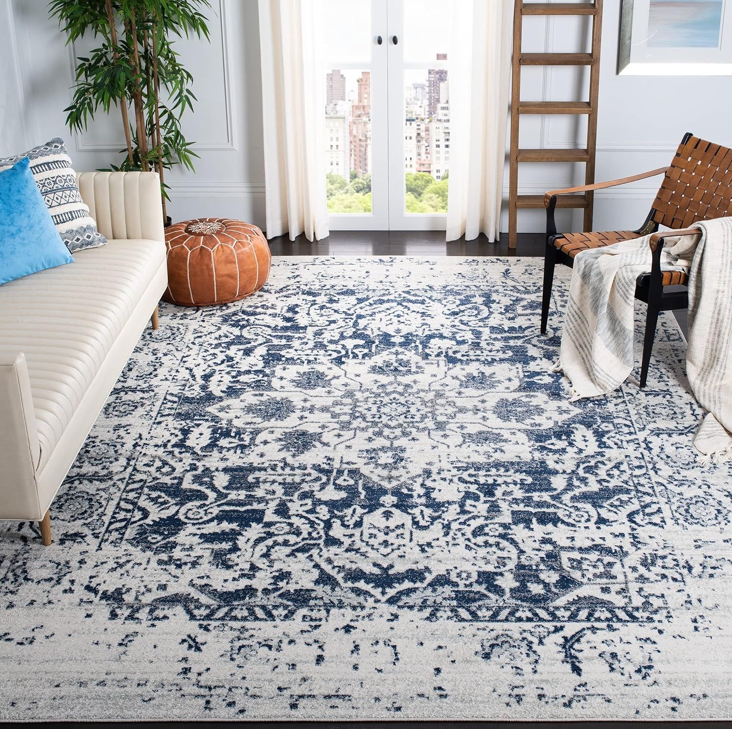 Cream & Navy Rectangular Synthetic Easy-Care Area Rug