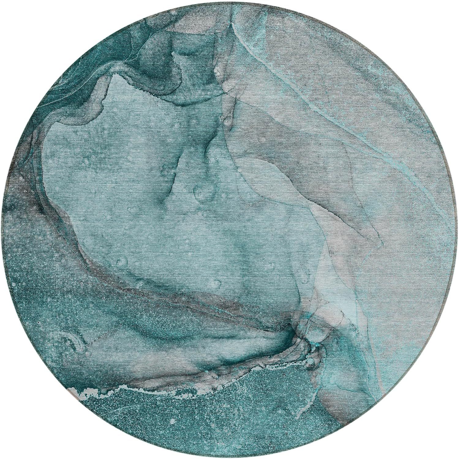 Teal Abstract Round Machine-Washable Area Rug with Non-Skid Backing