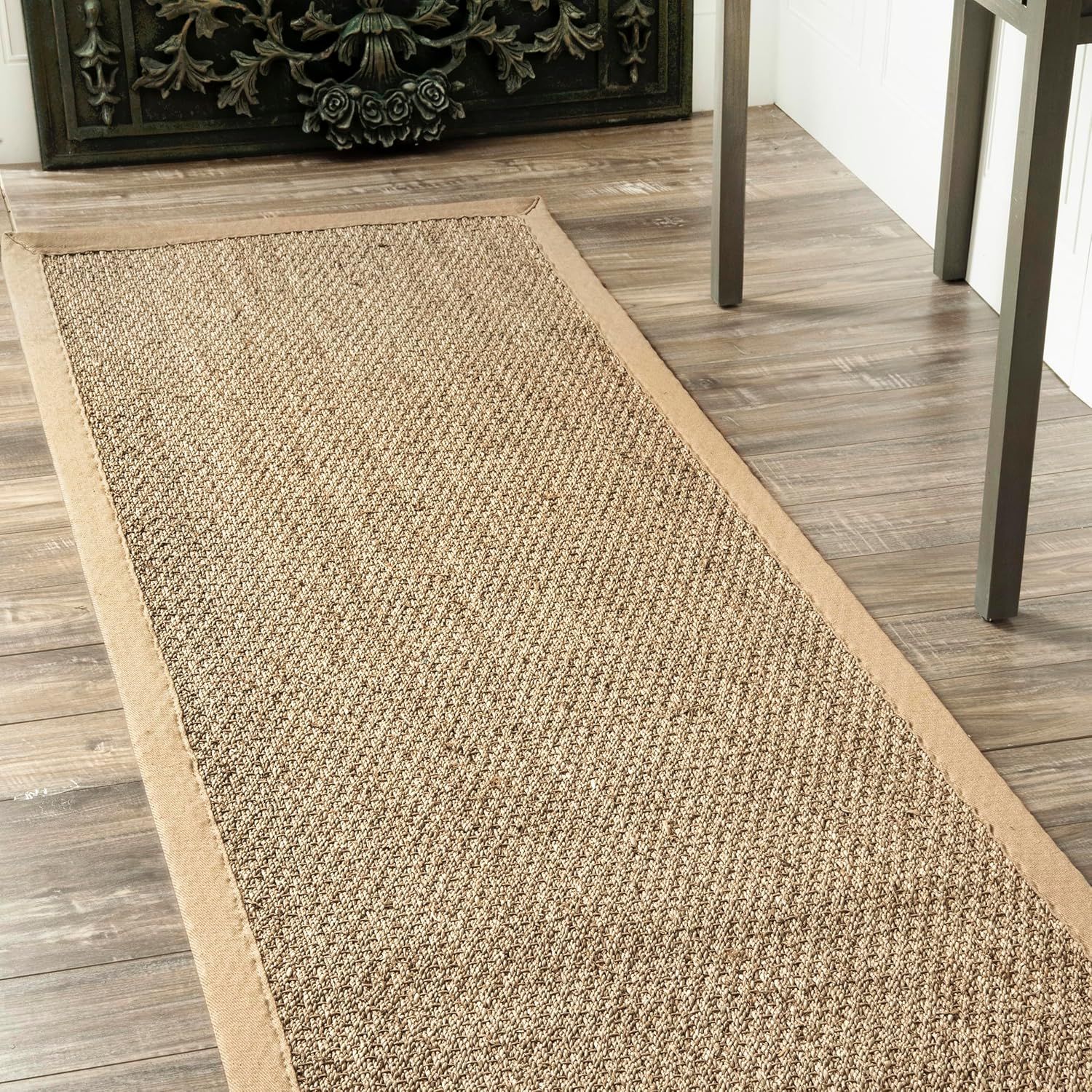 Beige Seagrass Runner Rug with Cotton Border, 2'6" x 14'