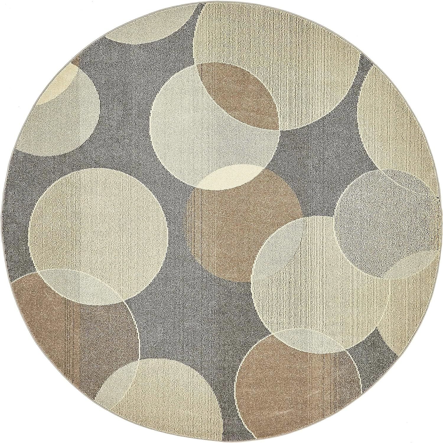 Gray and Beige Round Abstract Washable Rug, 8' Diameter