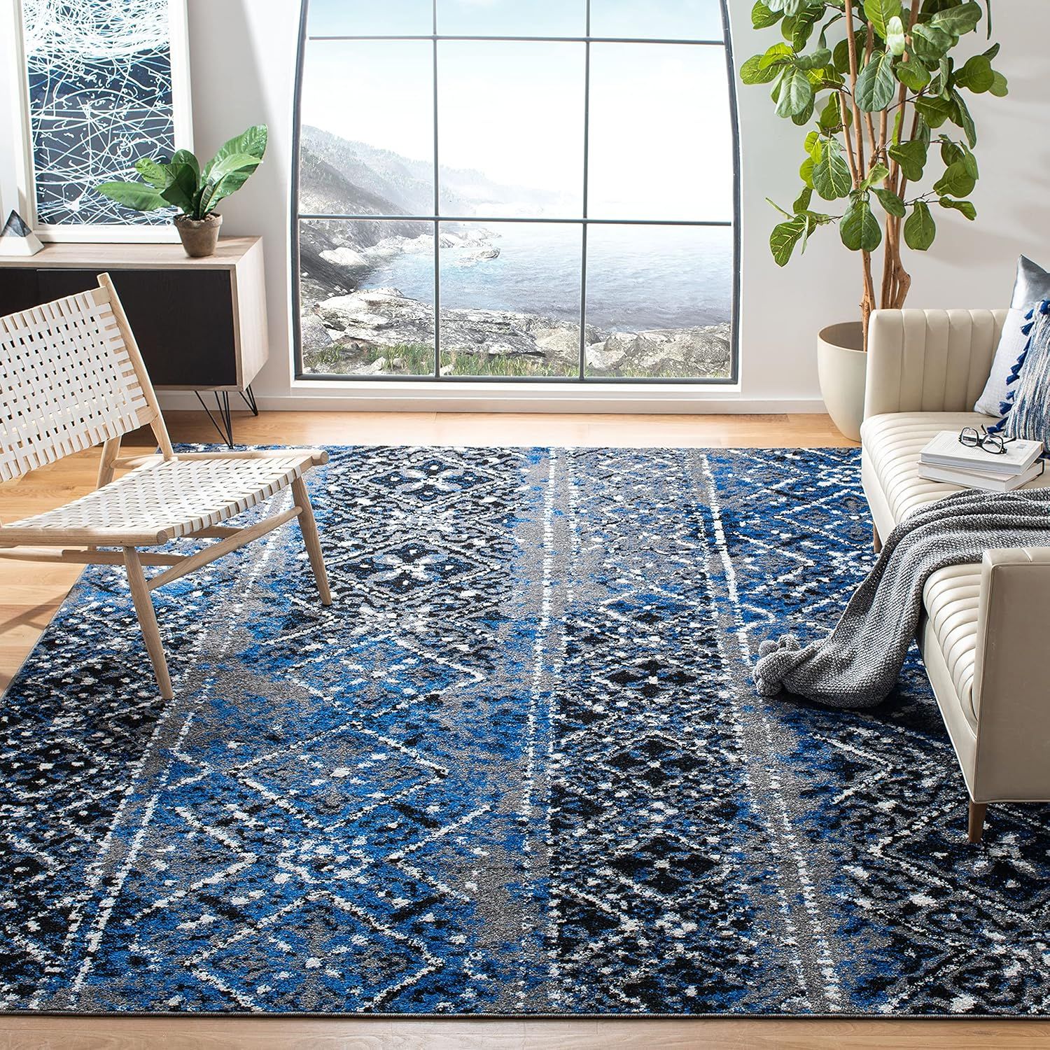 Blue and Silver Geometric 9' x 12' Synthetic Area Rug