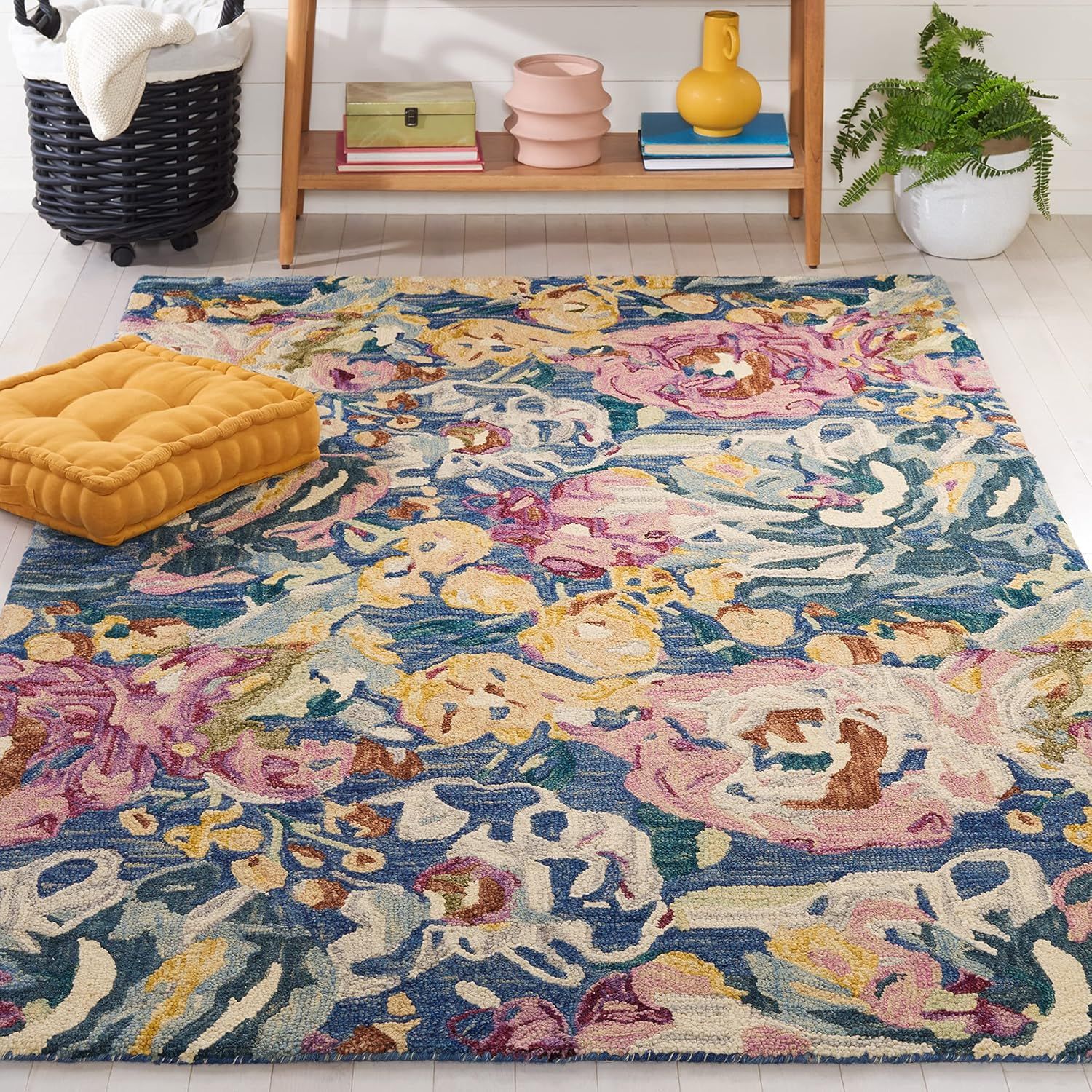 Handmade Light Blue and Plum Floral Wool Area Rug, 5' x 8'