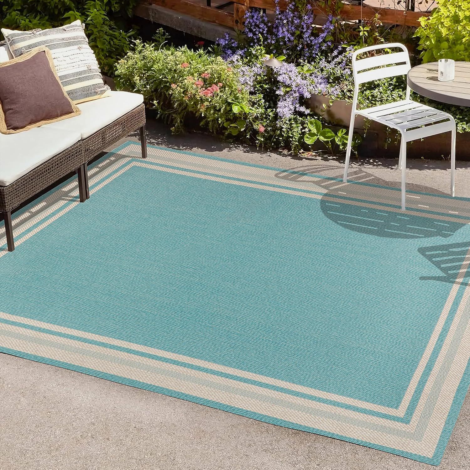 Aqua and Beige 3' x 5' Modern Stripe Synthetic Indoor/Outdoor Rug