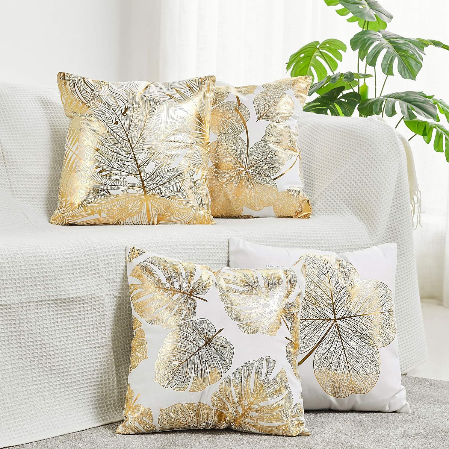 Gold Stamping Leaves Polyester Square Throw Pillow Covers, 18 x 18 Inches, Set of 4