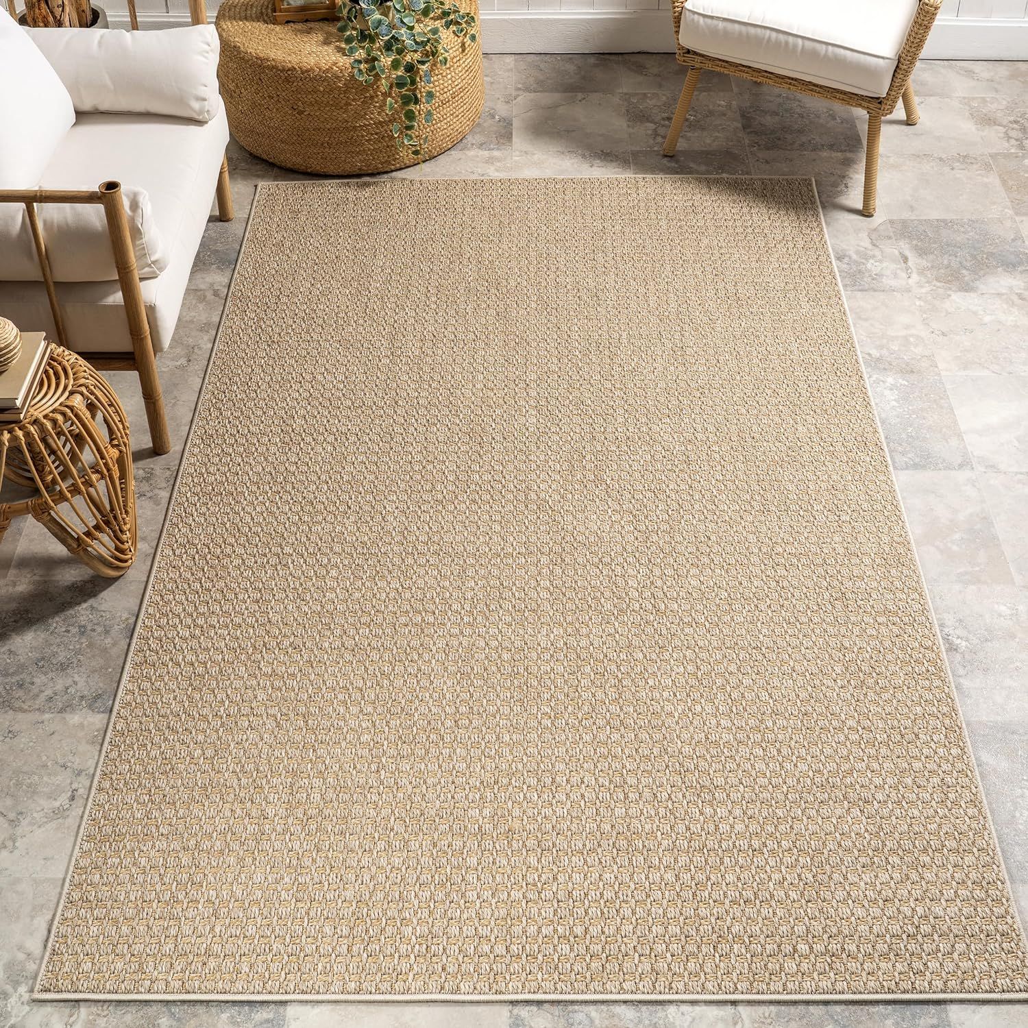 Beige Geometric Flat Woven 6' x 9' Outdoor Area Rug