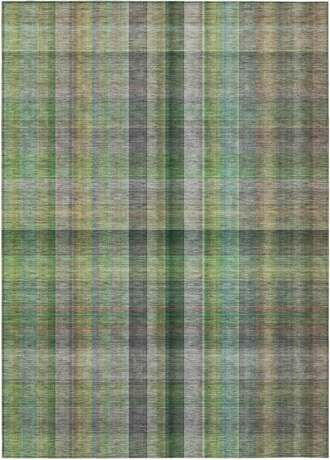 Green Plaid Synthetic Rectangular Washable Area Rug 3' x 5'